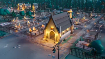 3D low poly illuminated tomb structure with classical architecture surrounded by graveyard and candle lighting