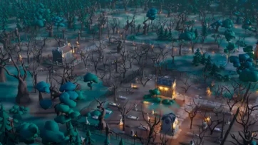3D low poly expansive graveyard landscape with numerous tombstones, bare trees and atmospheric lighting