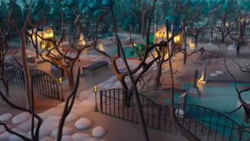 3D low poly cemetery with winding stone paths, ornate iron fencing and scattered tombstones among bare trees