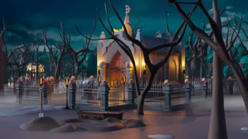 3D low poly ornate mausoleum with skull decorations, gothic arches and atmospheric lighting in cemetery