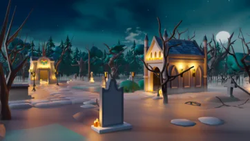 3D low poly cemetery complex with multiple illuminated buildings, mausoleums and gothic architecture