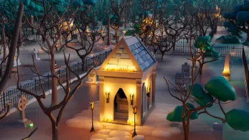 3D low poly glowing mausoleum with candles and torches surrounded by bare trees in cemetery setting