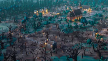 3D low poly spooky graveyard aerial view with bare trees, tombstones and atmospheric fog in moonlit setting