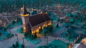 3D low poly mystical cemetery overview illuminated church, surrounding graveyard and forest landscape