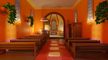 3D low poly church interior with warm orange lighting, wooden pews, pipe organ and ornate altar design
