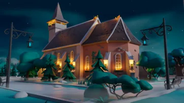 3D low poly enchanted church with illuminated gothic windows surrounded by trees and decorative lanterns