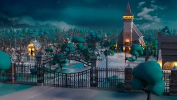 3D low poly gothic cemetery entrance with ornate iron gates, church bell tower and atmospheric night lighting