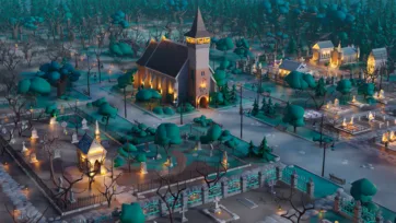 Aerial view of 3D low poly fantasy cemetery with illuminated church, mausoleums and tombstones in forest setting
