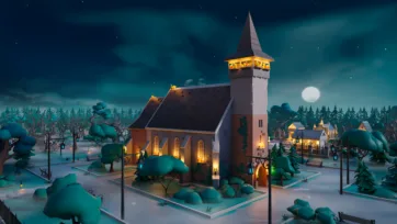 3D low poly church with bell tower in cemetery scene with glowing windows and lanterns at night