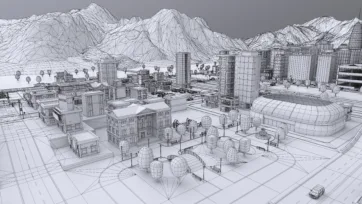 Wireframe view of low poly 3D city park and stadium area showing detailed polygon mesh structure
