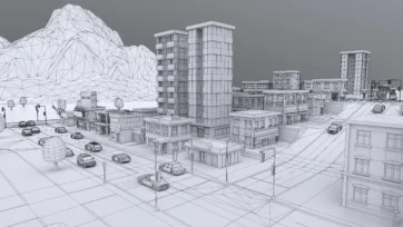 Wireframe view of low poly 3D city buildings showing polygon mesh structure and geometry
