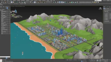 3ds Max software interface displaying low poly city scene with layer explorer and viewport