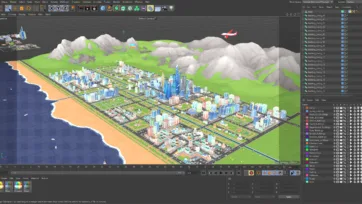 Cinema 4D software interface showing low poly 3D city model with object manager and viewport