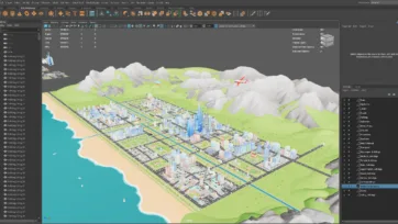 Autodesk Maya 3D software interface displaying low poly city scene with outliner and viewport