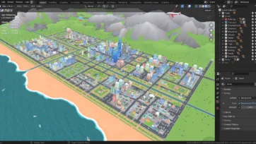 Blender 3D software viewport showing low poly city model with scene collection and layers panel