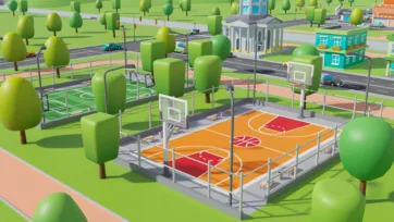 Low poly 3D outdoor basketball court sports facility with seating and urban forest background
