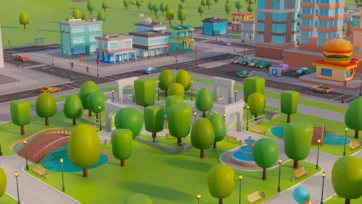 Low poly 3D urban park with green space, walking paths, fountains, and surrounding city buildings