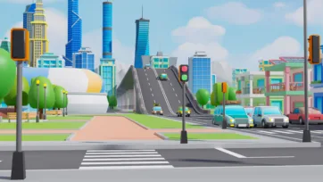 Low poly 3D city bridge overpass with traffic intersection and urban development
