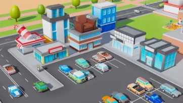 Low poly 3D shopping center with large parking lot, various stores, and playground area