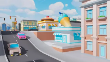 Low poly 3D city rooftop restaurant scene with outdoor dining area and urban landscape