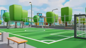 Low poly 3D urban sports court with basketball court, metal fence, and city buildings background
