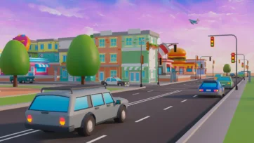 Low poly 3D suburban street scene with colorful buildings, cars, and purple evening sky
