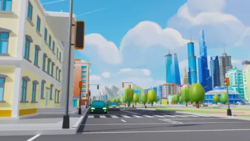 Low poly 3D city street level view with crosswalk, traffic lights, and downtown skyline background