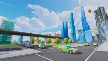 Low poly 3D modern city scene with highway overpass, blue skyscrapers, and urban traffic
