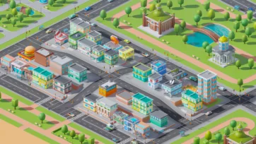 Low poly 3D isometric city commercial district with shops, restaurants, hospital, and sports facilities