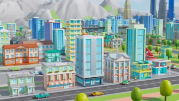 Low poly 3D urban residential district with mixed commercial and apartment buildings, streets and vehicles