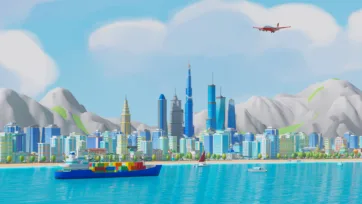 Low poly 3D city skyline with modern skyscrapers, coastal setting, mountains, airplane, and cargo ship