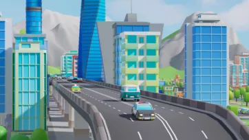 Low poly 3D elevated bridge highway through mountain city with colorful vehicles, tall buildings, and dramatic landscape