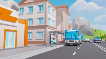 Low poly 3D suburban neighborhood scene with blue bus, residential buildings, mountains, and peaceful street atmosphere