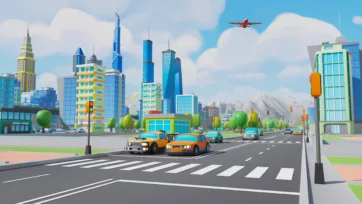 Low poly 3D city intersection with crosswalk, orange cars, traffic lights, diverse skyscrapers, and airplane flying overhead
