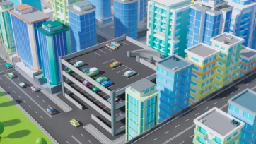 Low poly 3D multi-level parking garage structure surrounded by modern skyscrapers and colorful vehicles in urban setting