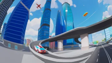 Low poly 3D curved elevated highway with red sports car, modern blue skyscrapers, airplane, and urban infrastructure