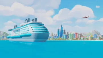 Low poly 3D coastal cityscape featuring large cruise ship in harbor with modern city skyline and airplane in background
