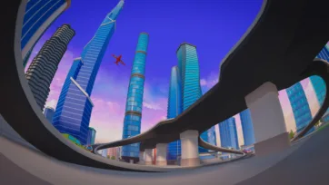 Low poly 3D futuristic city scene with curved highway overpass, modern skyscrapers, and purple-blue gradient sky
