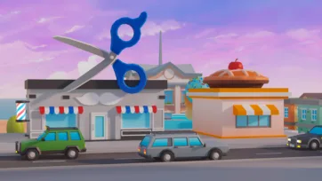 Low poly 3D street scene featuring barbershop and bakery with giant scissors and pie decorations, purple sunset sky atmosphere