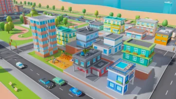 Low poly 3D coastal city residential area with colorful houses, apartment buildings, playground, swimming pool, and beachfront location
