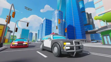 Low poly 3D city street scene featuring police car chase with modern skyscrapers, traffic lights, and urban atmosphere
