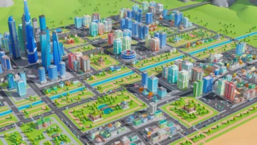 Comprehensive low poly 3D metropolitan city aerial overview showing diverse districts, stadium, parks, and organized urban development