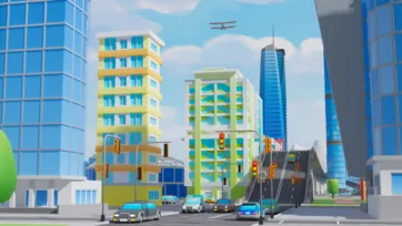 Low poly 3D cityscape with elevated street intersection, vintage biplane flying overhead, and modern blue skyscrapers
