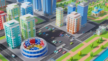 Low poly 3D city district featuring large sports dome stadium, colorful apartment buildings, parking lots, and modern urban planning
