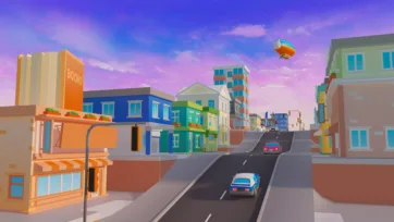 Low poly 3D city street scene with purple sunset sky, colorful buildings, bookstore, cars, and atmospheric lighting