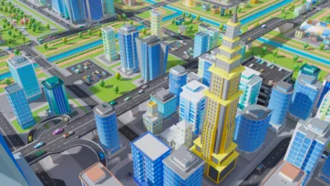 Low poly 3D downtown city center isometric view featuring modern skyscrapers, yellow buildings, colorful cars, and urban infrastructure