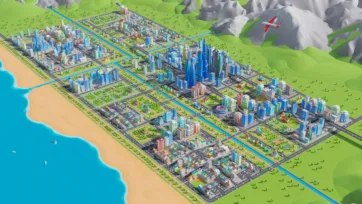 Complete low poly 3D city metropolis overview showing coastal urban development with organized districts, airplane, and comprehensive city planning