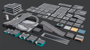 Modular low poly 3D road infrastructure system with highways, bridges, intersections, parking lots, and various street configurations