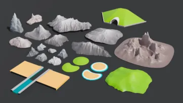 Low poly 3D natural terrain elements including mountains, hills, rocks, islands, beaches, and landscape features for environment design