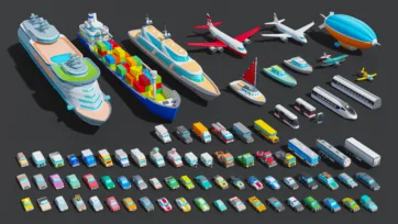 Comprehensive low poly 3D transport vehicle collection featuring ships, planes, trains, buses, trucks, and cars in various colors